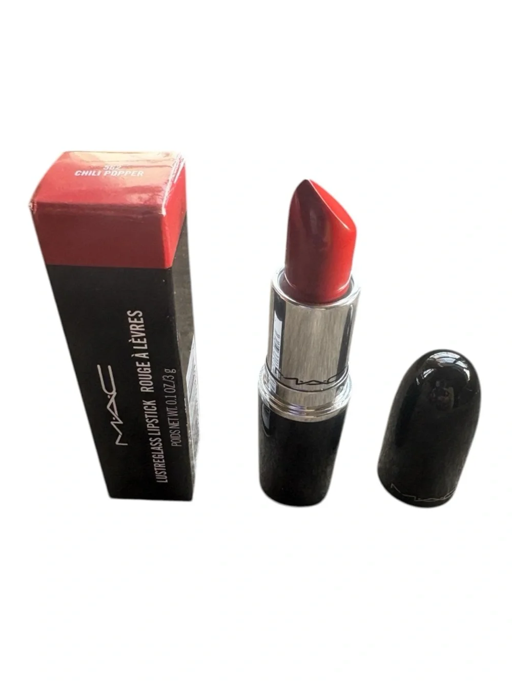 MAC Cosmetics Lustreglass Lipstick Sheer Shine Chili Popper Red 562